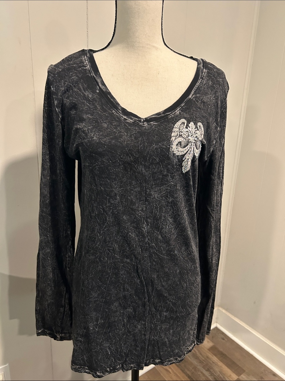 Katydid Black Mineral-Wash Long Sleeve V-Neck Top with Silver Crest